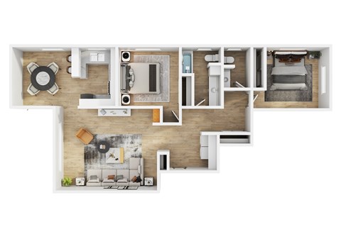 Floor plan for 2 beds, 1.5 baths, 977 sqft